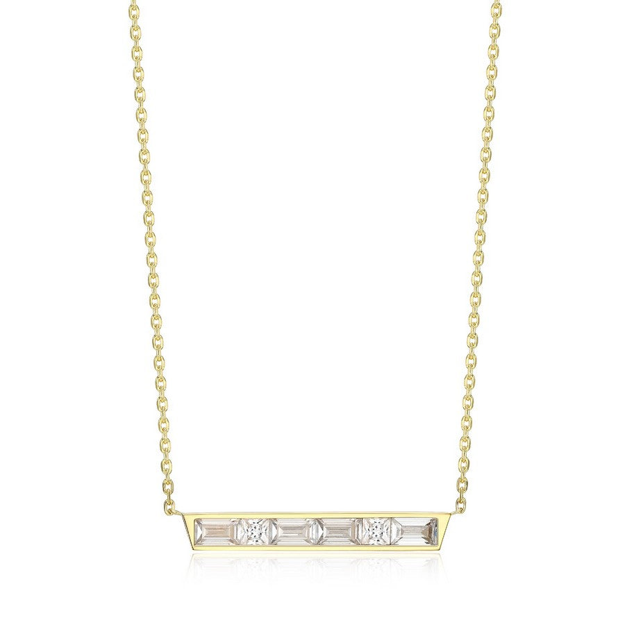 SS ELLE "BAGUETTE" GOLD PLATED STRAIGHT BAGUETTE (5x3MM) & SQUARE (3MM) CUBIC ZRICONIA BAR (32X4.5MM) NECKLACE 16"+3" EXTENSION