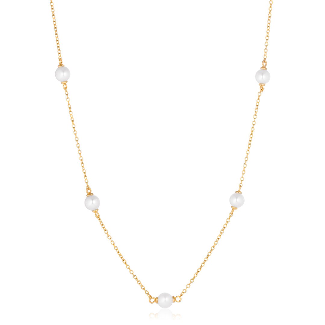 Necklace Padua Cinque Necklace made of 18 karat gold plated 925 Sterling silver, polished surface, handset with facet cut white zirconia and lustrous freshwater pearl