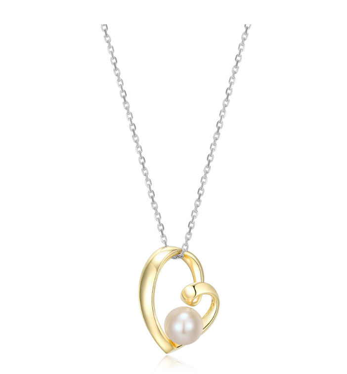 R0LBW44546 SS ELLE "AMOUR" RHODIUM & GOLD PLATED SWIRL HEART WITH GENUINE WHITE PEARL 7MM NECKLACE 17"+3" EXTENSION