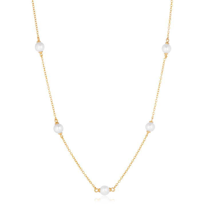 Necklace Padua Cinque Necklace made of 18 karat gold plated 925 Sterling silver, polished surface, handset with facet cut white zirconia and lustrous freshwater pearl